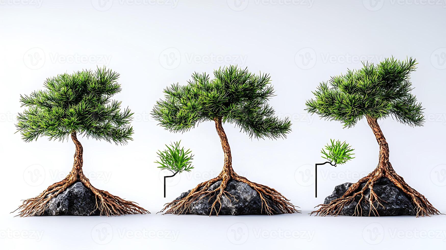 Three bonsai trees with intricate roots displayed on rocks against a neutral background photo
