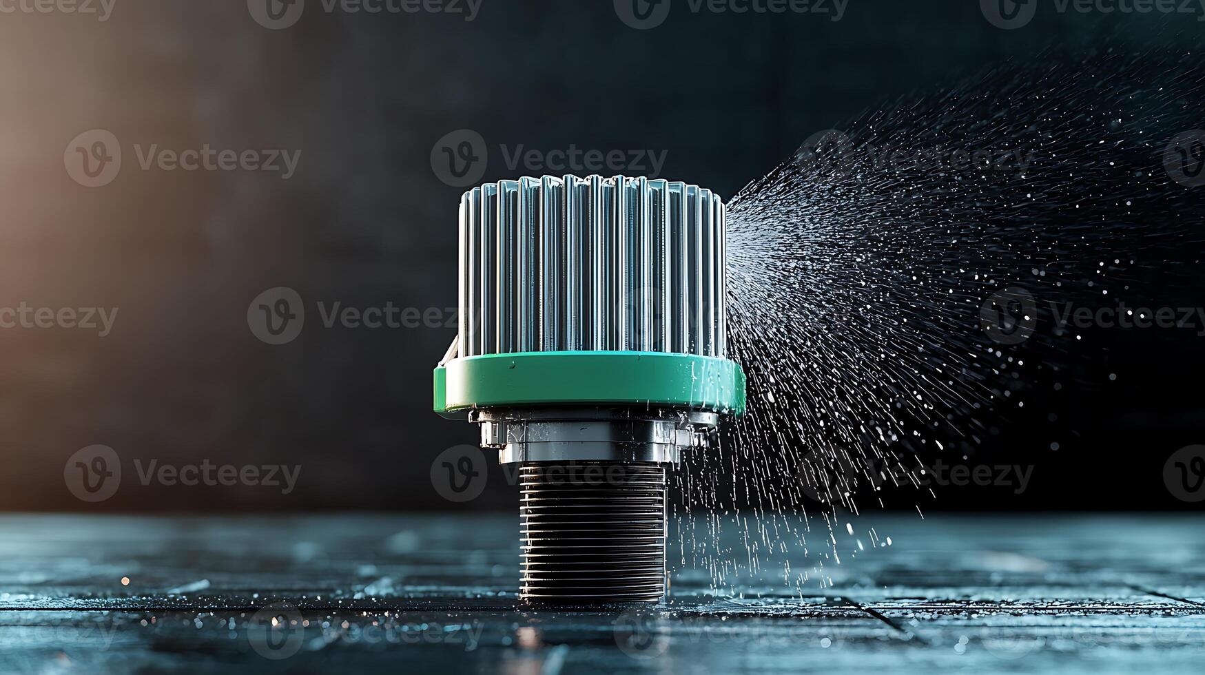 Close-up of a modern water spray nozzle on a textured surface with water mist in a dimly lit setting photo