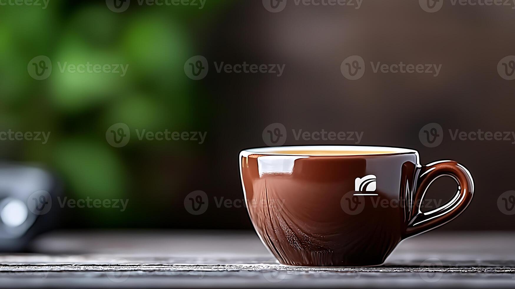 A close-up of a brown coffee cup on a wooden table with greenery in the background photo