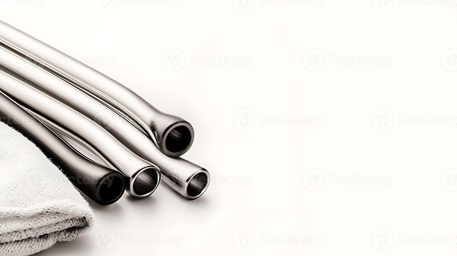 Sleek metallic tubes resting beside a soft towel on a minimalist background, ideal for industrial use photo
