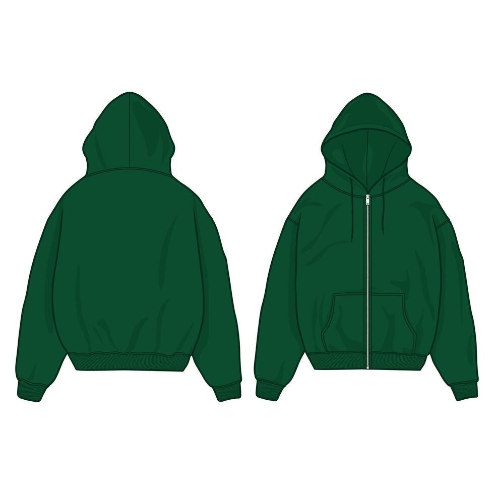 zip up Hoodie template illustration. front and back view. oversized. drop shoulder. unisex. green color. vector
