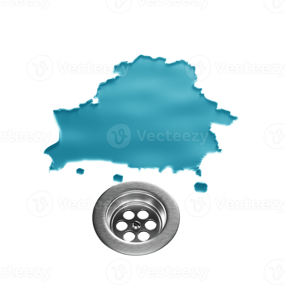 Water shaped of Belarus Map on a stainless steel surface draining into a drain 3d illustration png