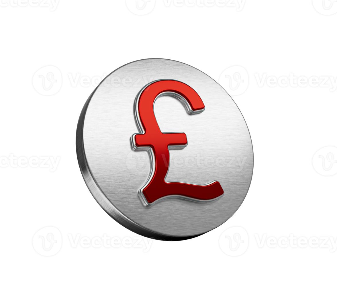 Vibrant Red British Pound Currency Symbol On A Metallic Silver Disc Icon. 3D Illustration png