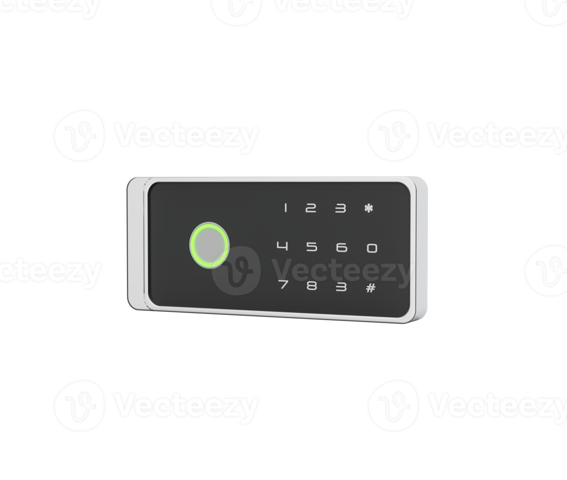 Digital safe lock with a rectangular touchpad and a green button in the center. 3D Illustration png