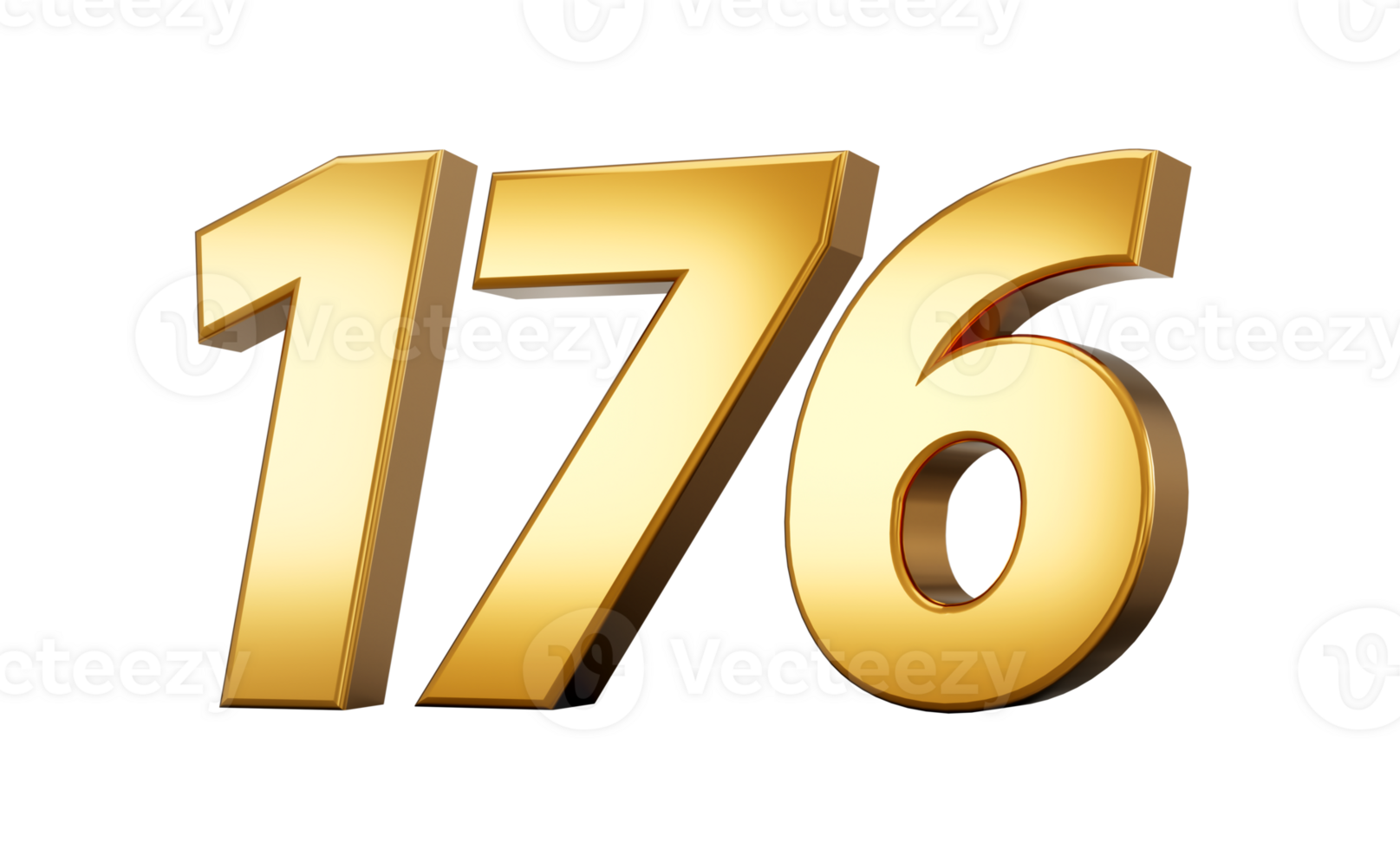 3d number 176 one hundred seventy six Gold text with reflection 3d illustration png