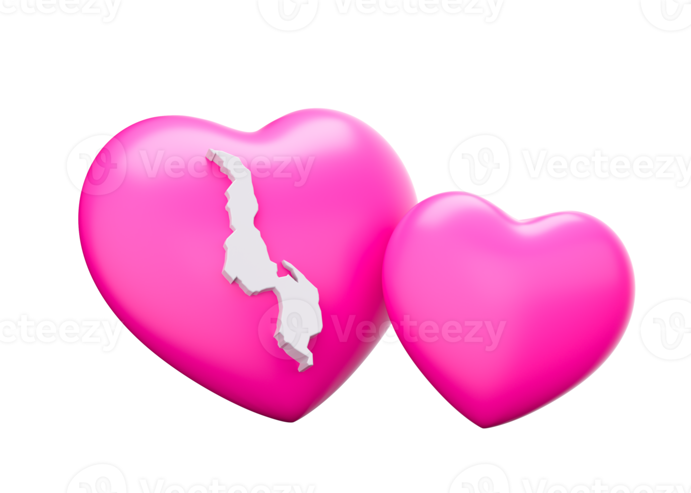 A 3D illustration of shiny pink hearts alongside the 3D map of Malawi. png