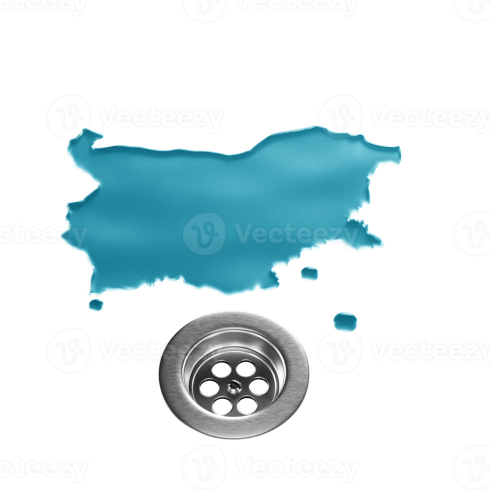 Water shaped of Bulgaria Map on a stainless steel surface draining into a drain 3d illustration png