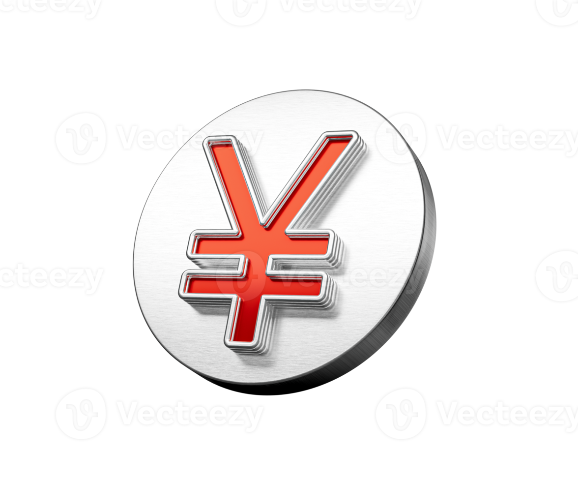 A 3D illustration of a bright red Japanese Yen currency symbol displayed on a sleek metallic silver disc icon png