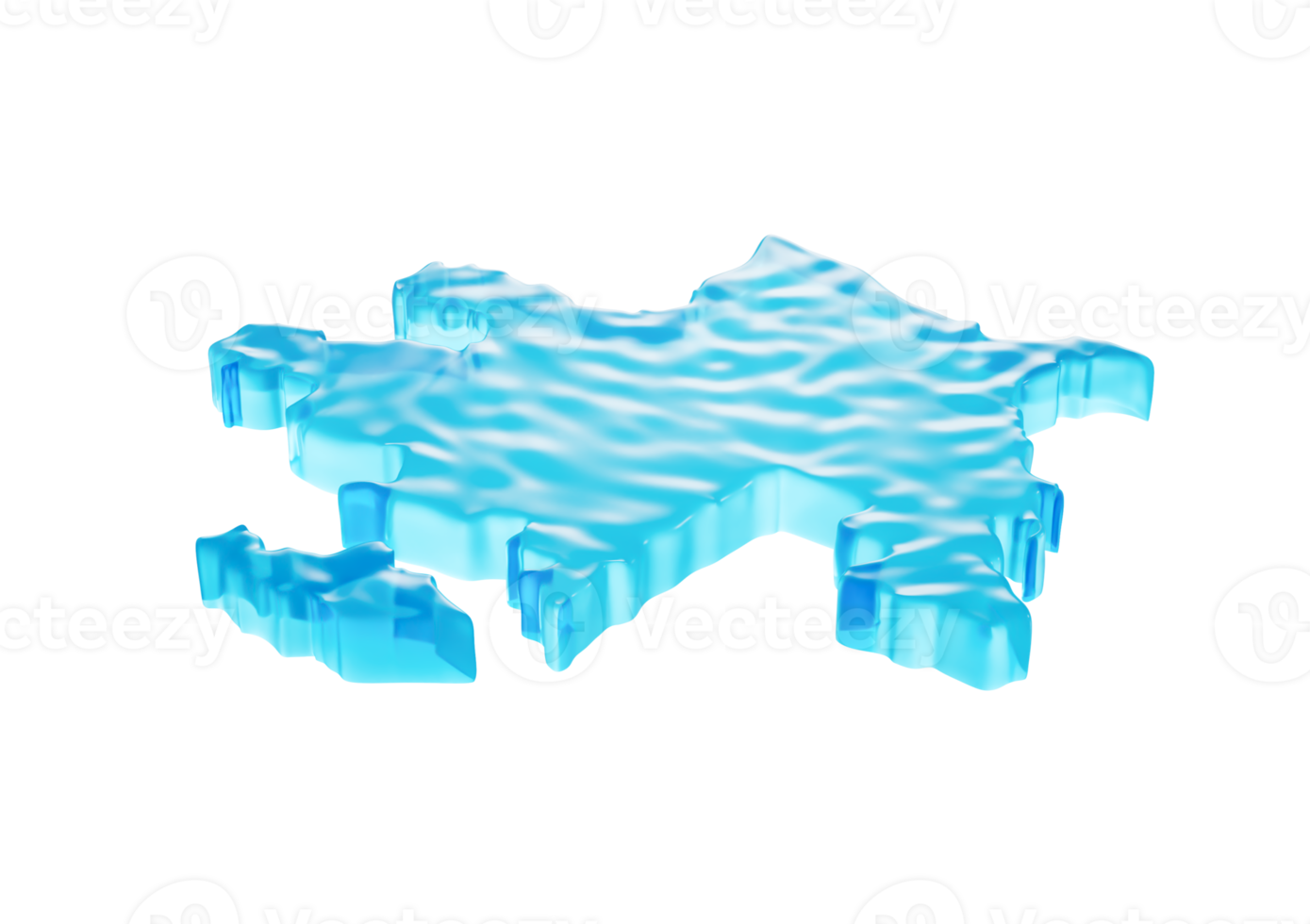 A 3D illustration of water forming an icy map of Azerbaijan, highlighting global warming as melting glaciers flow into deep blue water. png