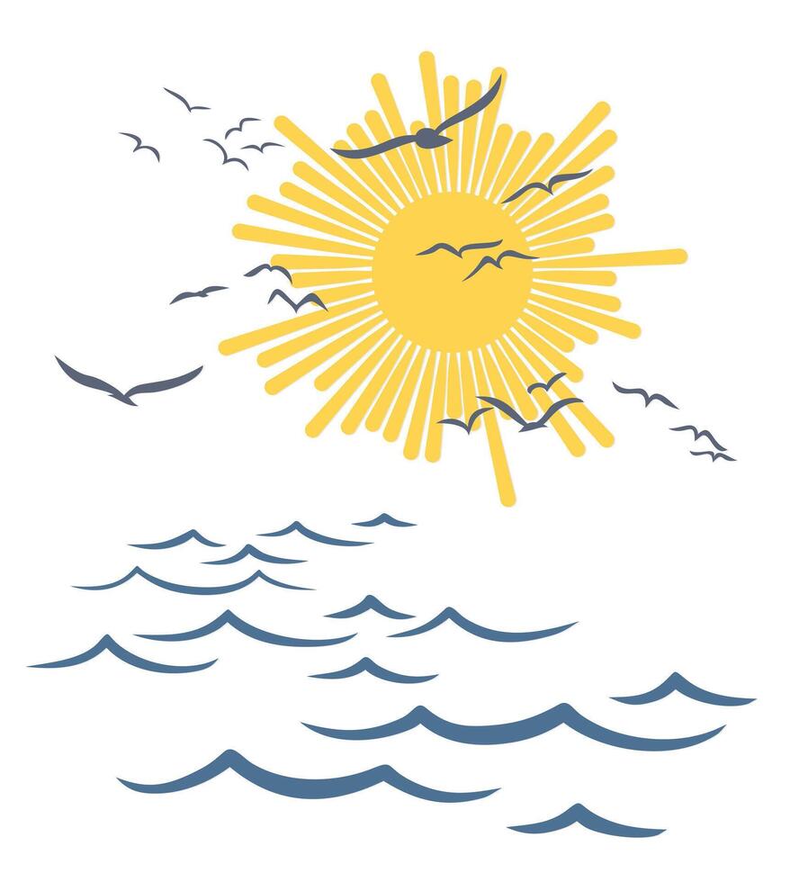 Sun dawn in the sea with flight of birds. vector