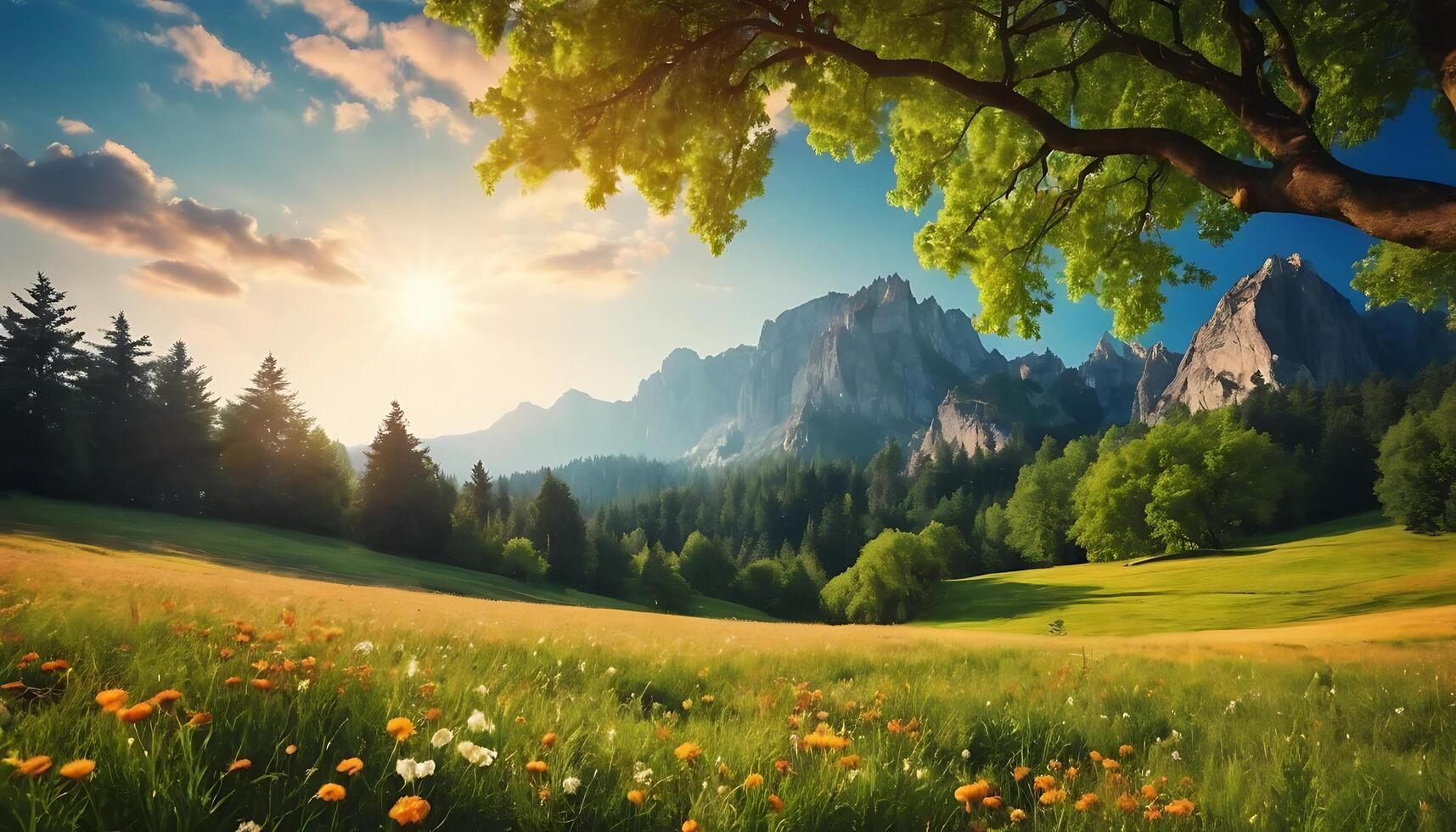 Beautiful landscape with flowers and trees in the mountains photo