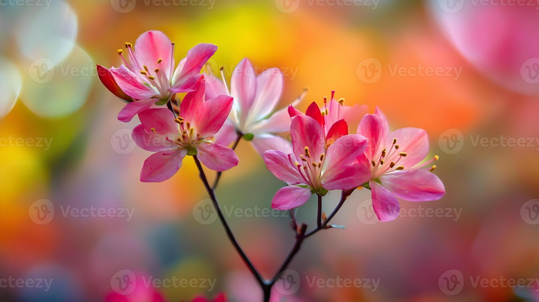 Pink flowers on a branch with a blurred background photo