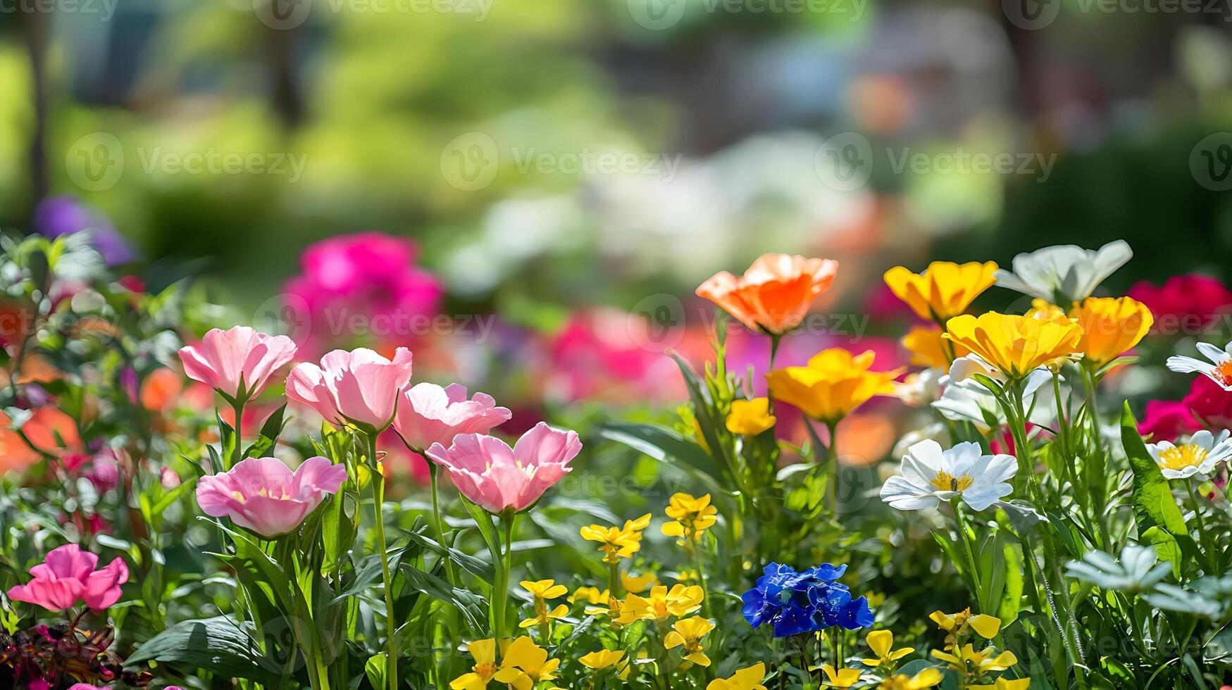 colorful flowers are in a garden with a blurred background photo