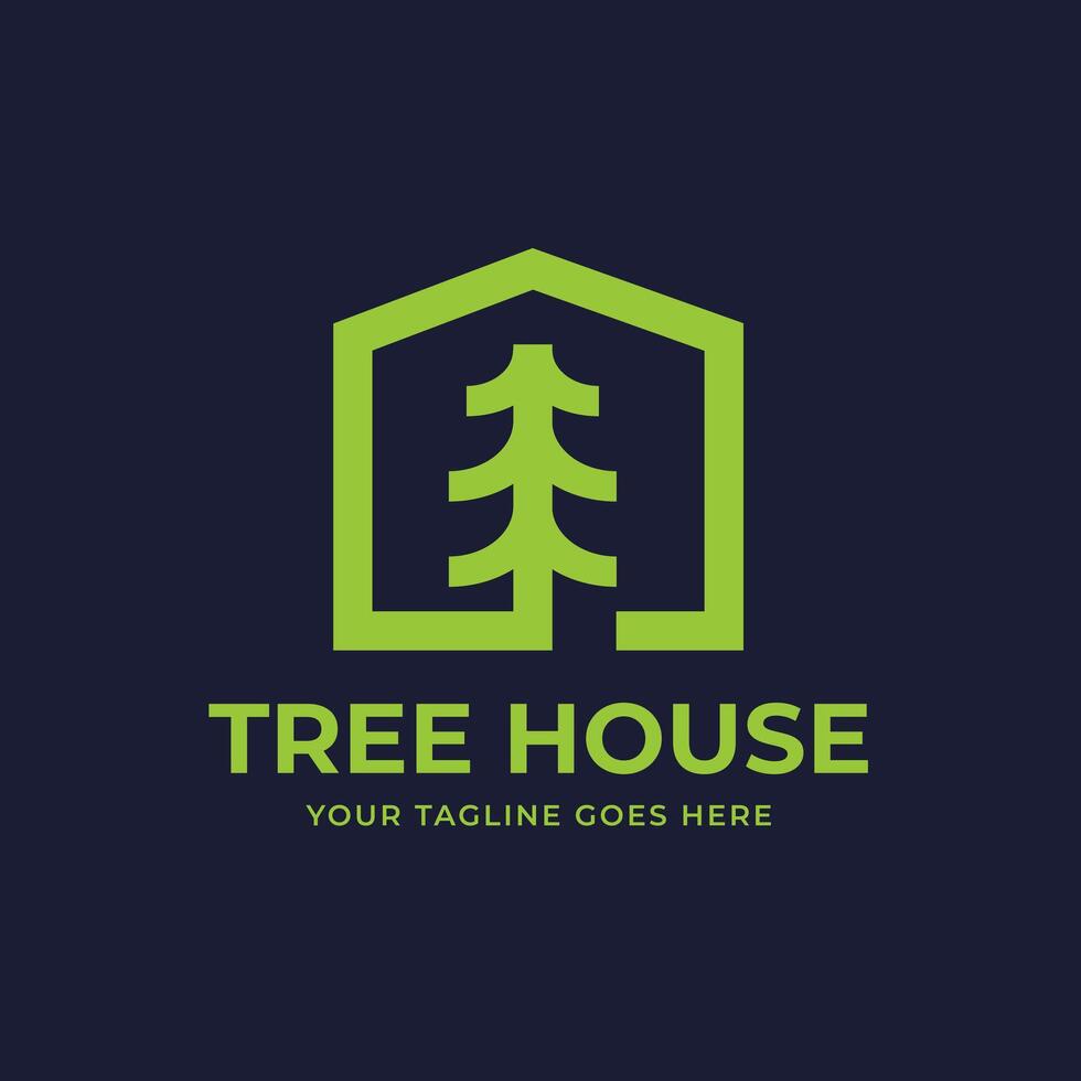 Modern Logo Design House with Simple Pine Tree. Minimalist illustration between Nature and architecture. Suitable for Property, Real Estate, Construction, Ecology, Housing business vector