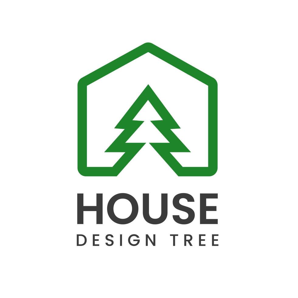 Modern Logo Design House with Simple Pine Tree. Minimalist illustration between Nature and architecture. Suitable for Property, Real Estate, Construction, Ecology, vector