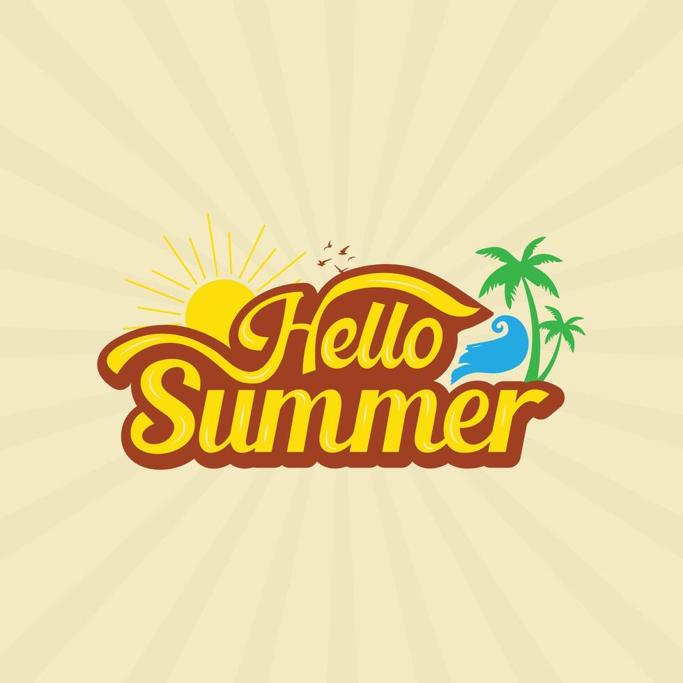 Hello Summer beautiful lettering with a sun for summer labels, tags, logos, hand drawn holiday lettering, travel, beach vacation, and typography posters. vector