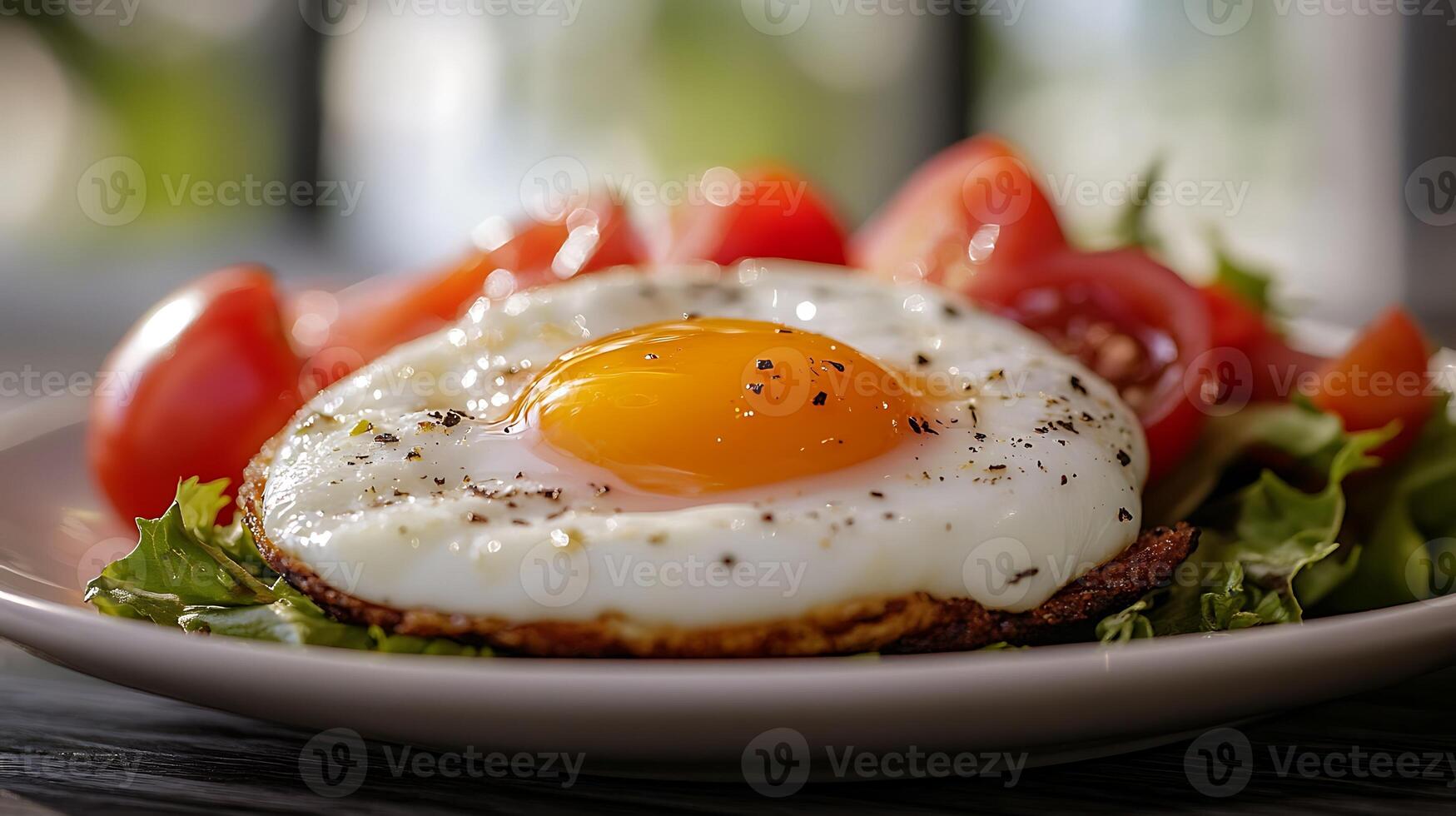 an egg on a plate with tomatoes and lettuce photo