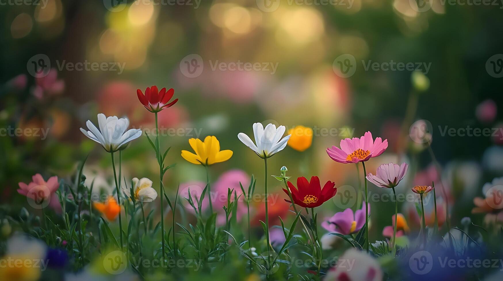 Colorful flowers in a field with a blurry background, flowers image photo