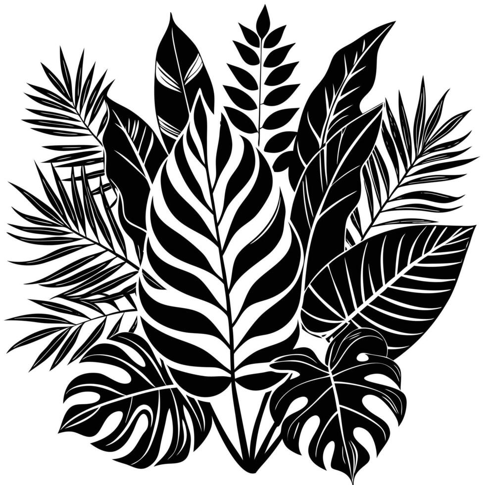 A black and white drawing of a jungle with many different types of leaves. tropical leave and plant vector