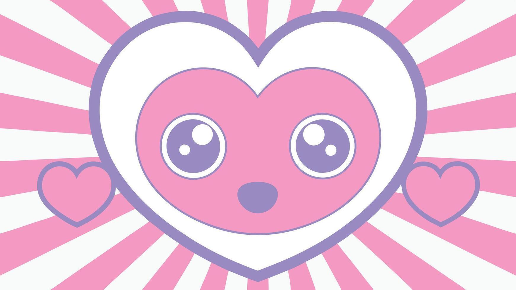 A cartoonish heart with a cute face and pink and purple colors. The heart is surrounded by a pink and purple striped background vector