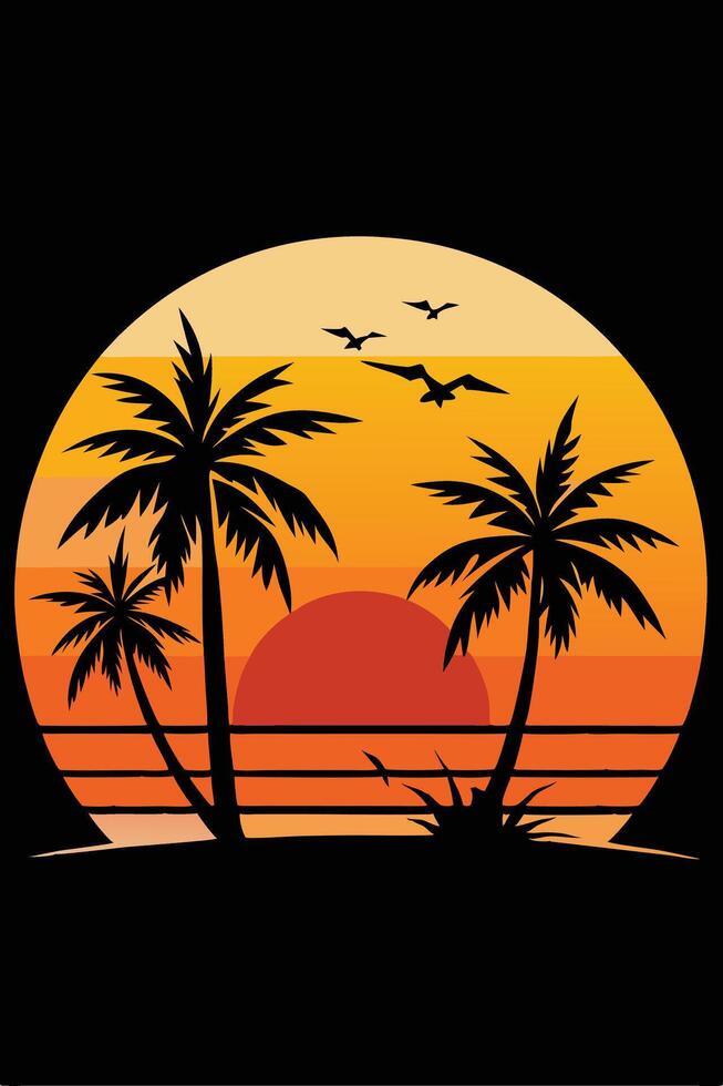 palm trees silhouette with sunset and flying birds vector
