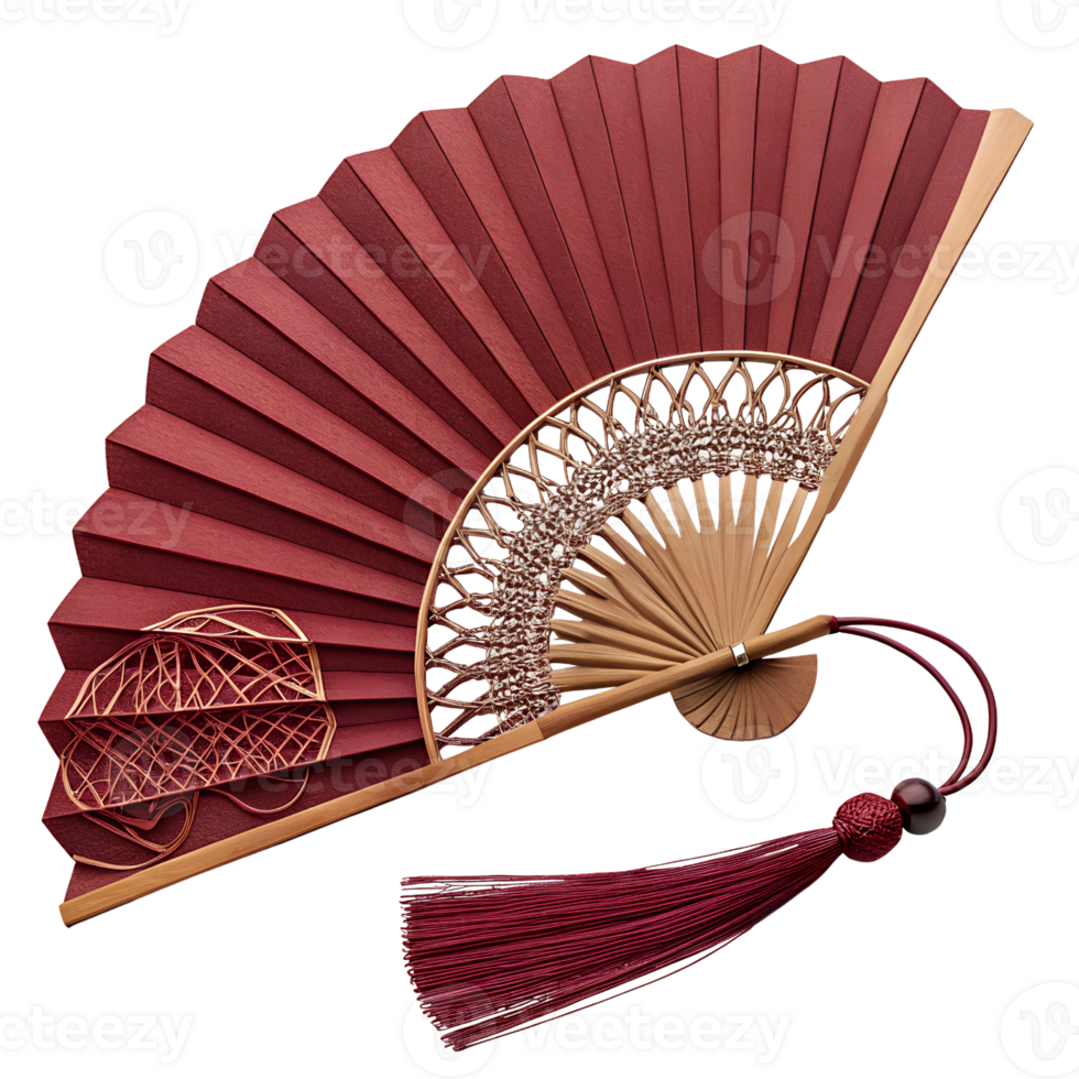 Elegant Red Oriental Paper Fan with Intricate Folds and Craftsmanship Isolated On Transparent Background png