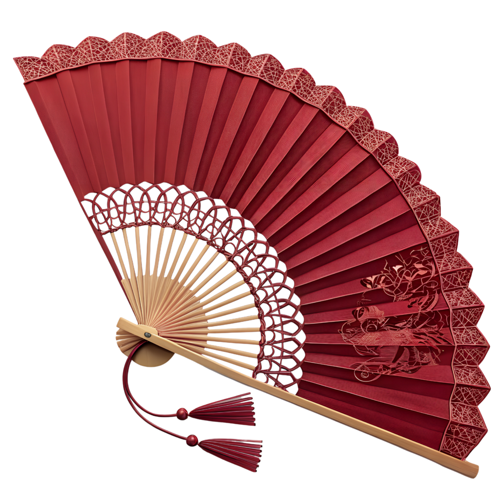 Elegant Red Oriental Paper Fan with Intricate Folds and Traditional Craftsmanship on Transparent Background png