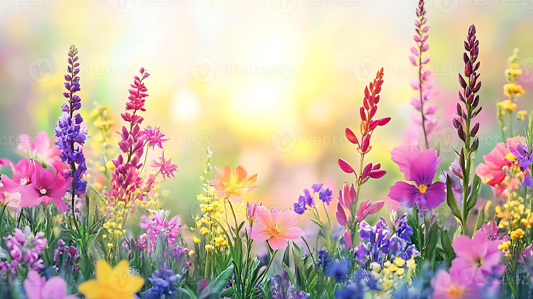 Colorful flowers are shown in front of the sun photo
