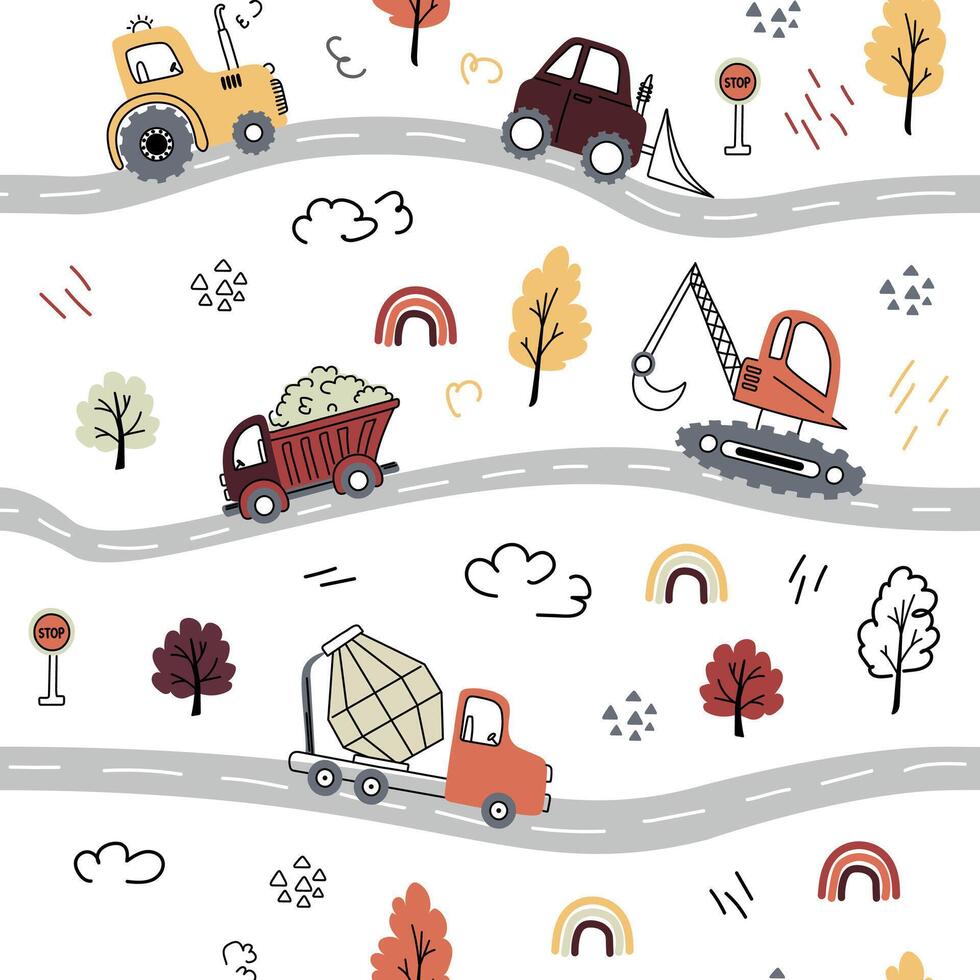 Seamless children's pattern with trucks, dump truck, concrete mixer in doodle style for boys. illustration vector