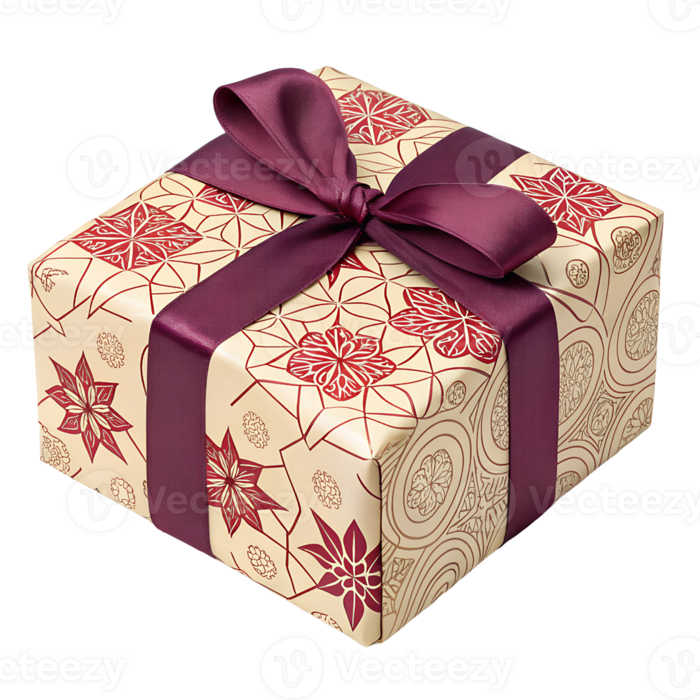 Elegant Festive Gift Box with Geometric Beige and Red Wrap and Purple Ribbon On Transparent Background png
