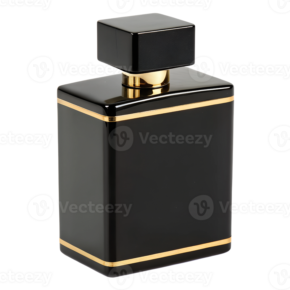 Sleek Matte Black and Gold Perfume Bottle with Minimalist Lines On Transparent Background png