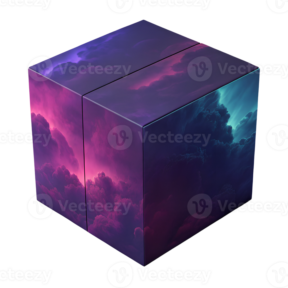 Futuristic Digital Box in Purple with Vibrant Cloud Patterns in Blue and Magenta On Transparent Background png