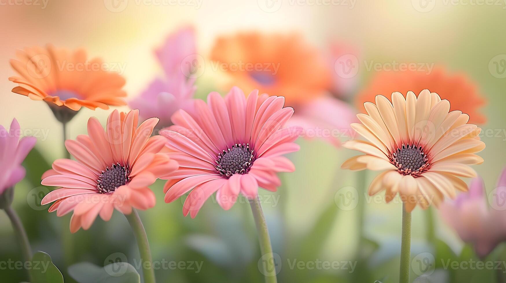 Many pink and orange daisies are in a field photo