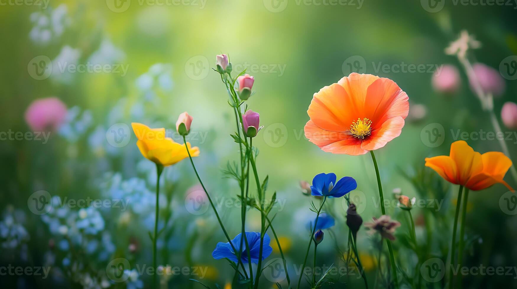 Colorful flowers are in a field with green grass photo