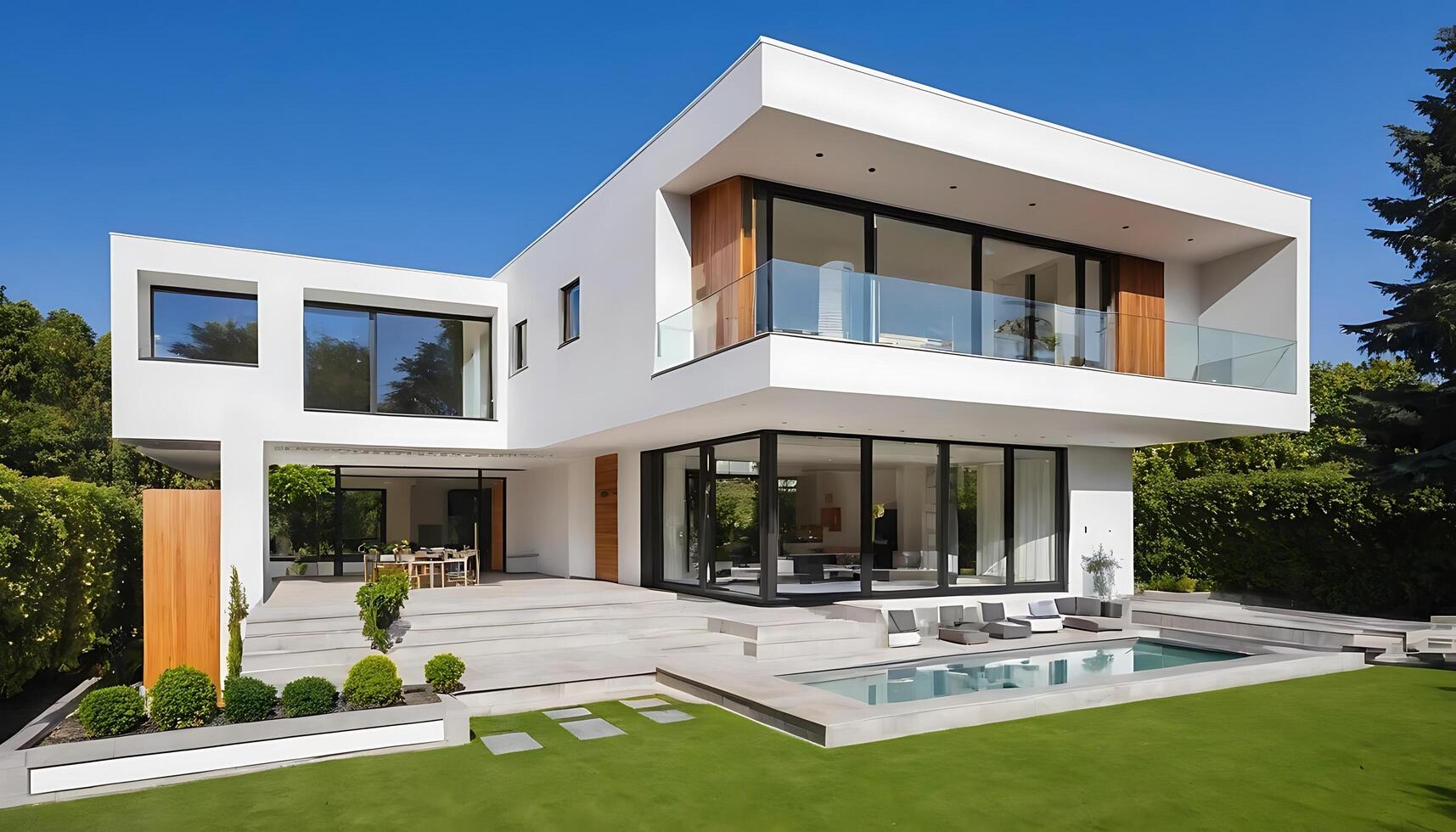 Modern house design with large pool and large windows photo