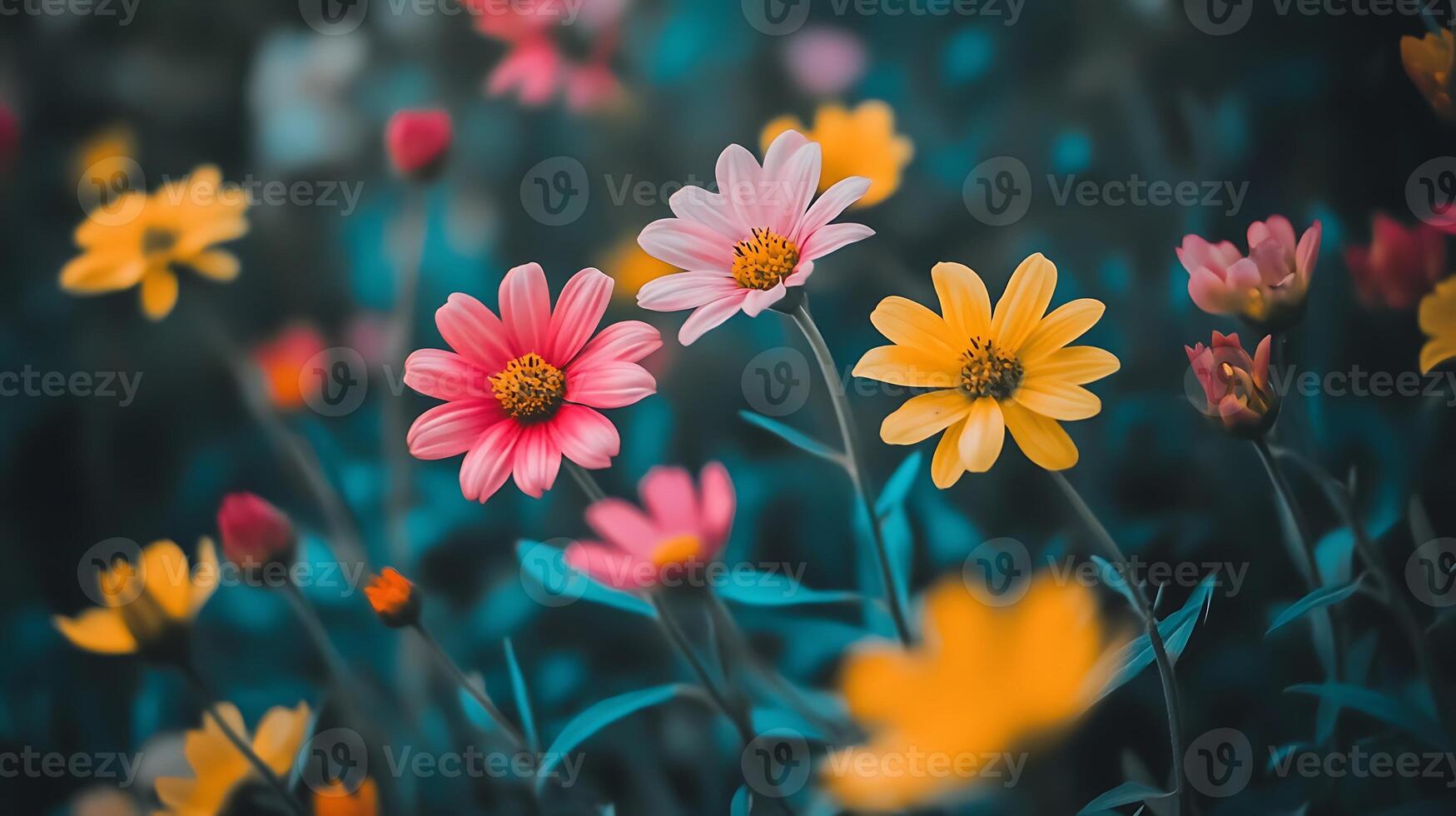 Colorful flowers in a field with a blurred background photo