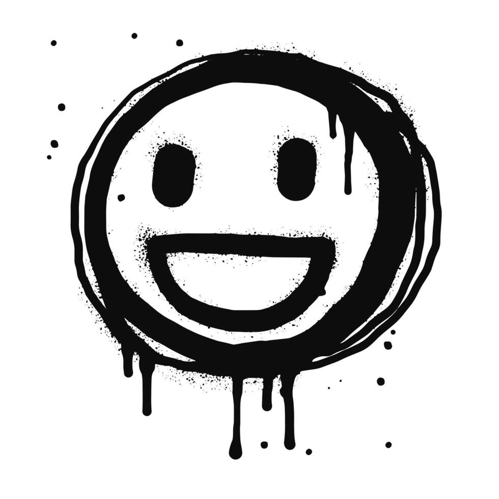 smiling face emoji character. Spray painted graffiti smile face in black over white. vector