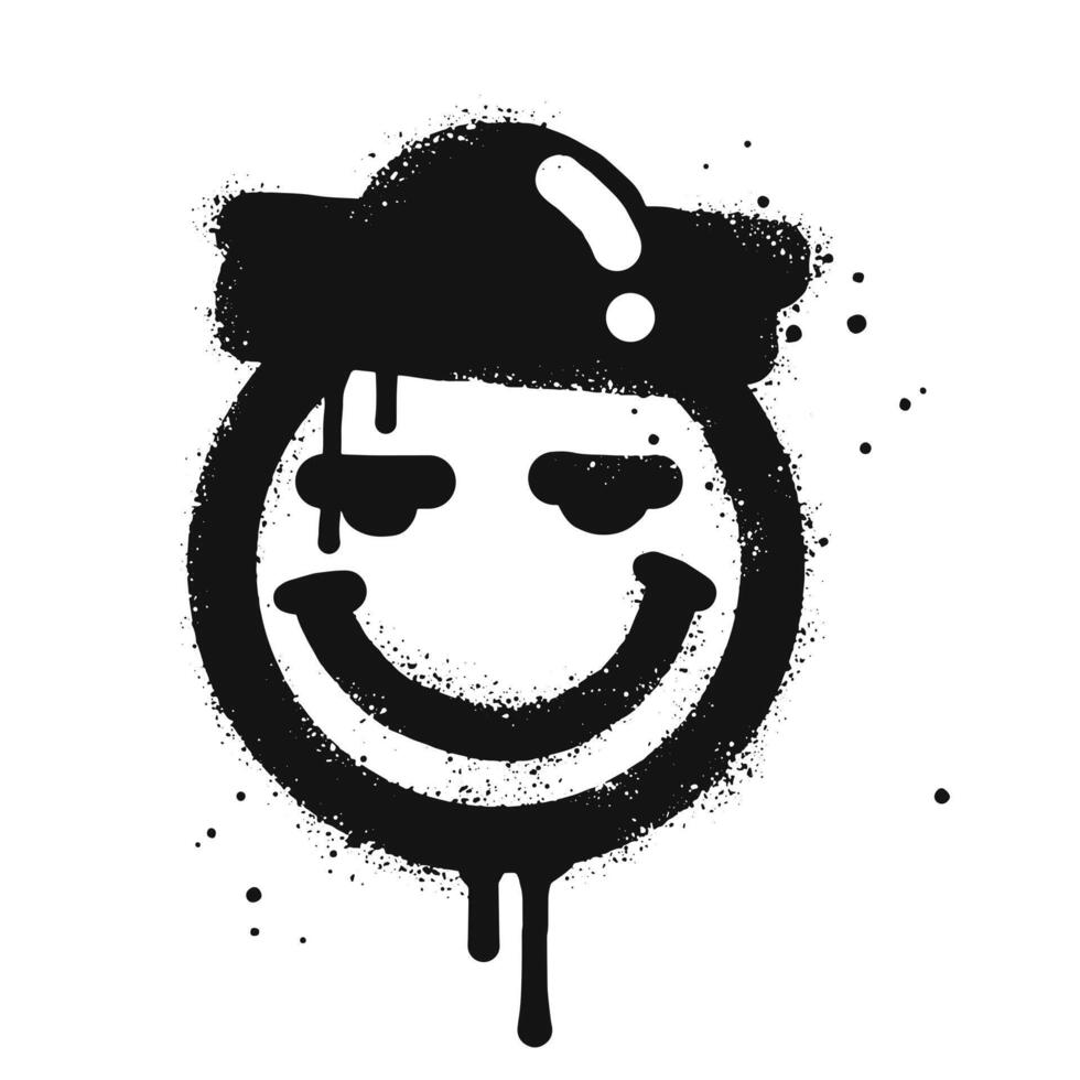 smiling face emoji character with hat. Spray painted graffiti smiling face in black over white. isolated on white background vector
