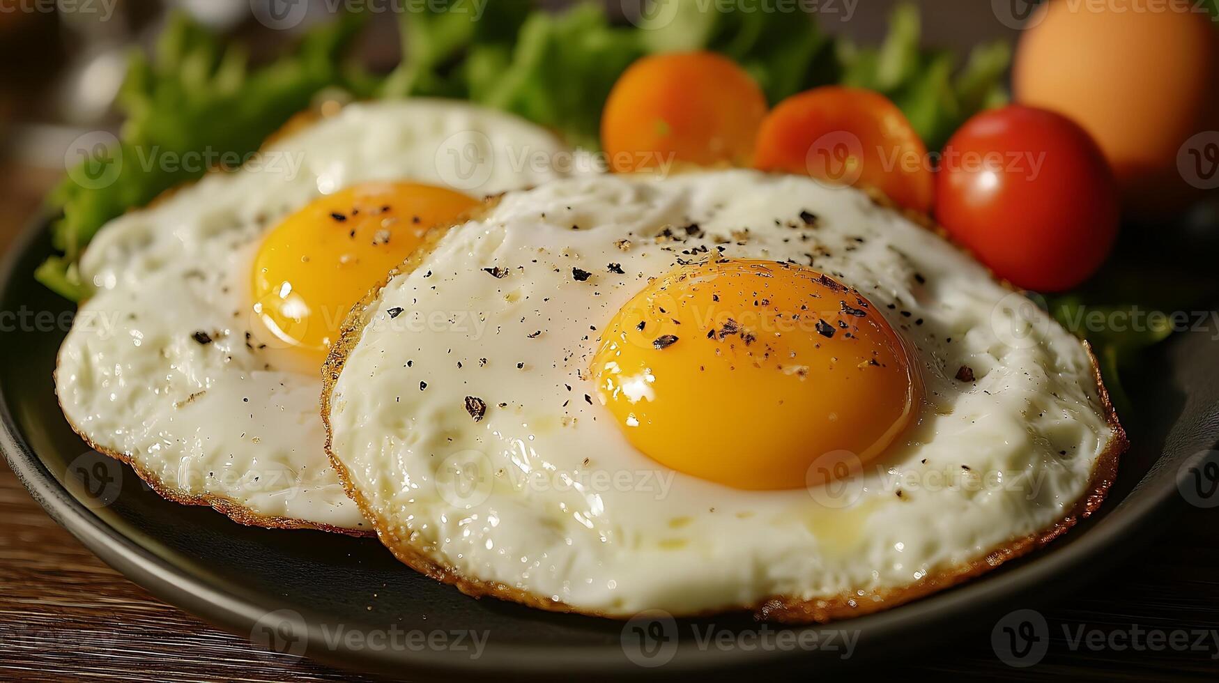 Two fried eggs on a plate with lettuce and tomatoes photo