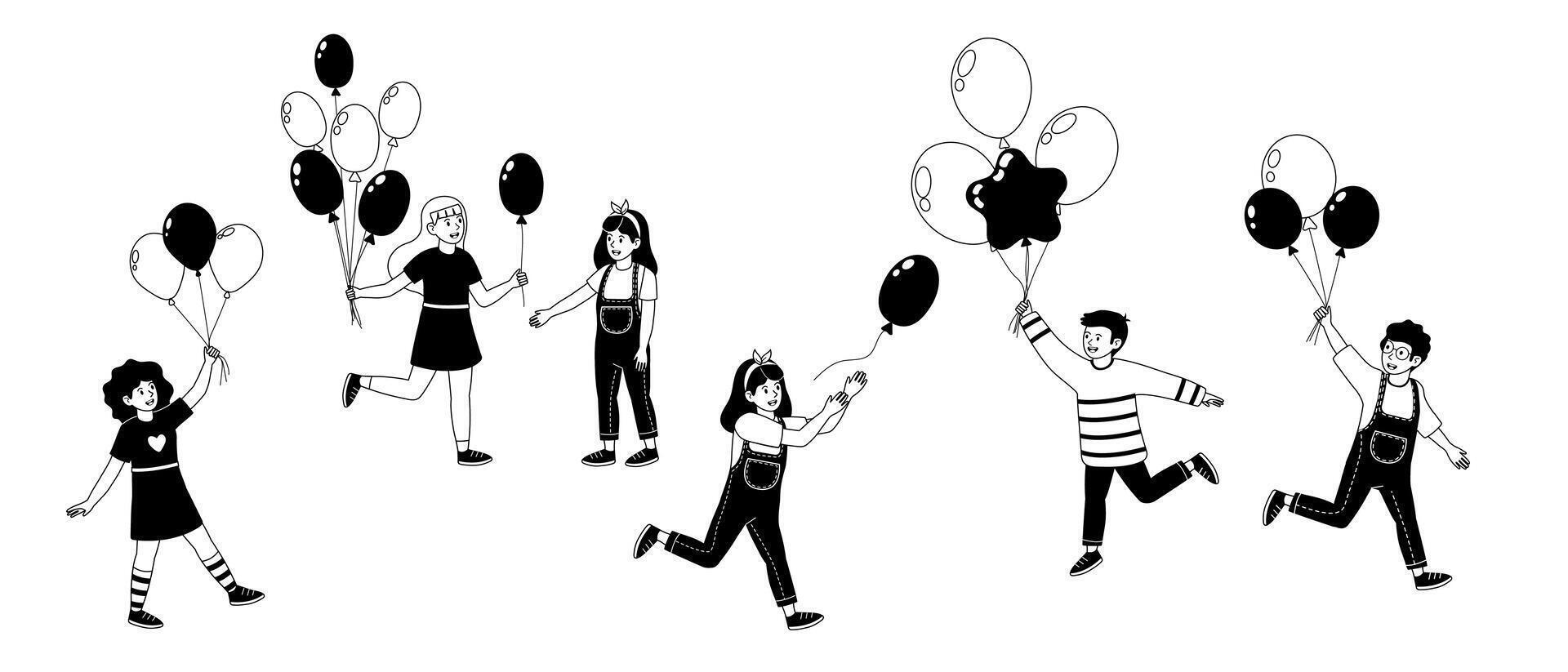 Children celebrating joyfully with balloons in a playful outdoor setting vector