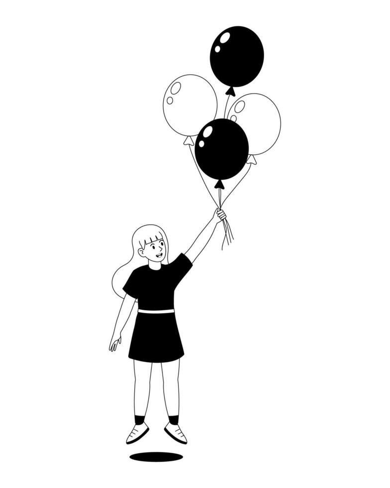 Girl holding black and white balloons in a playful and simple illustration vector