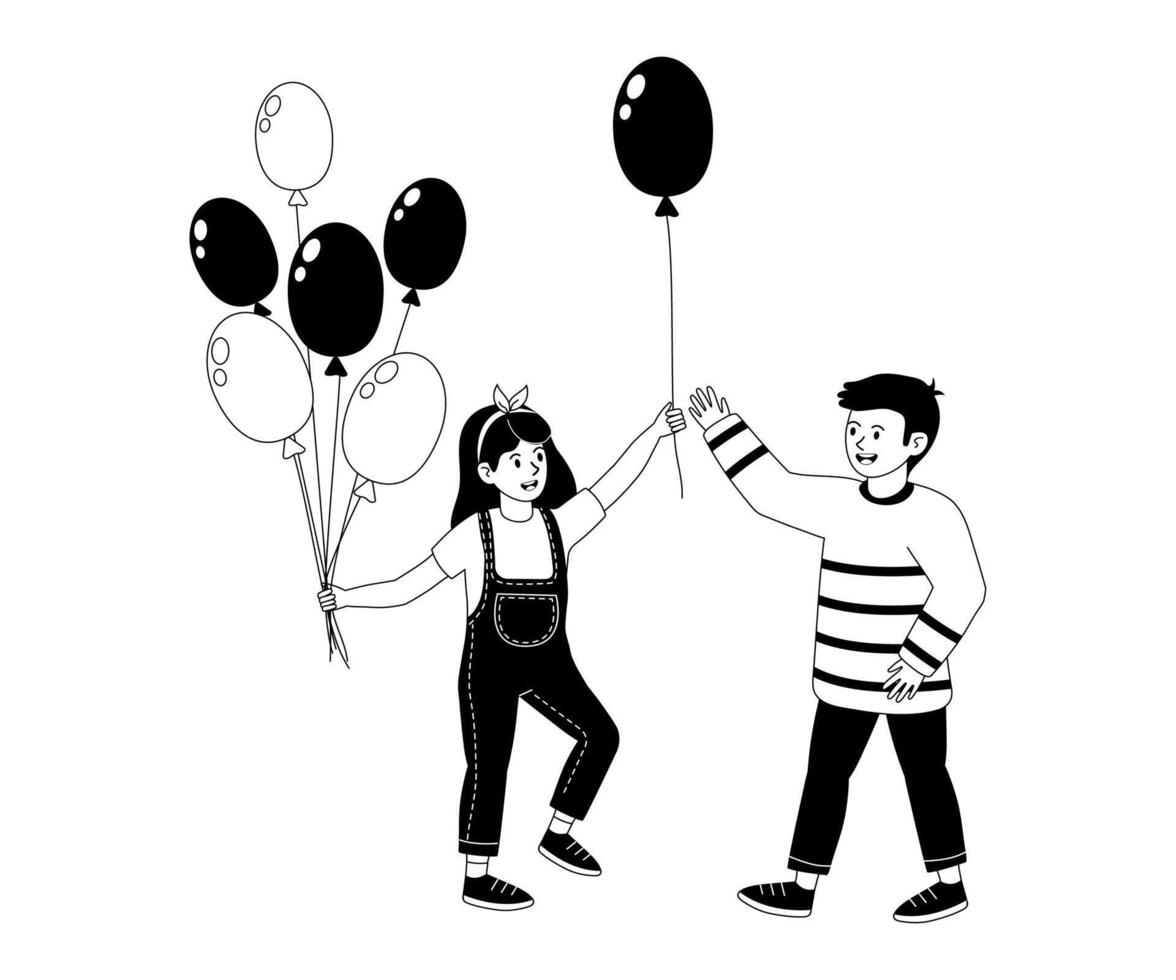 Two children joyfully exchanging balloons in a playful outdoor setting during the daytime vector