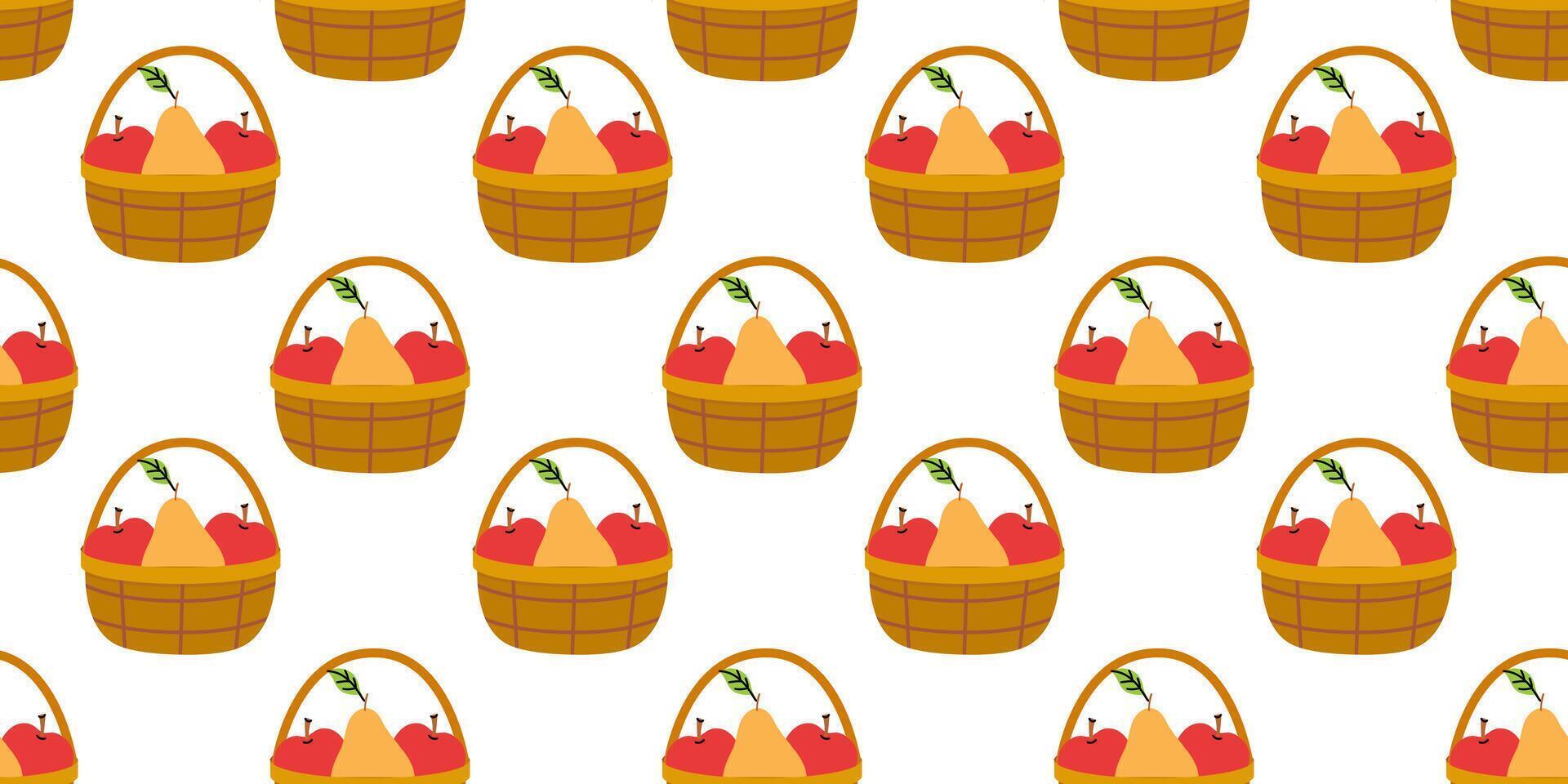 Pattern of baskets filled with apples and pears on a white background showcasing seasonal fruits vector