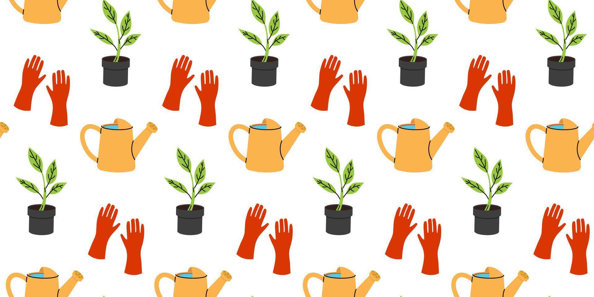 Gardening tools and plants create a vibrant pattern for home decor vector