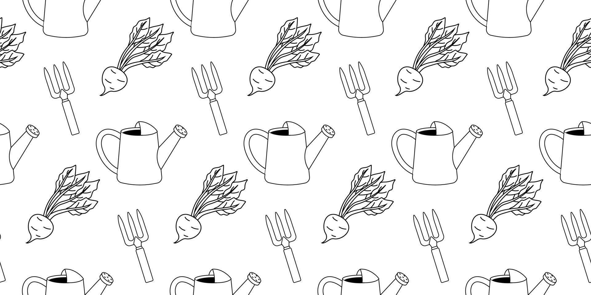 Pattern featuring gardening tools and vegetables in a minimalist design for creative projects vector