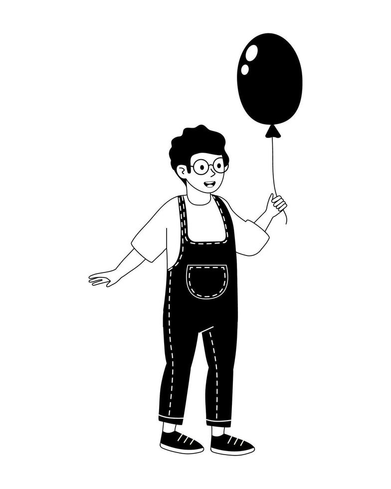 Happy child holding a black balloon while wearing stylish overalls and glasses vector