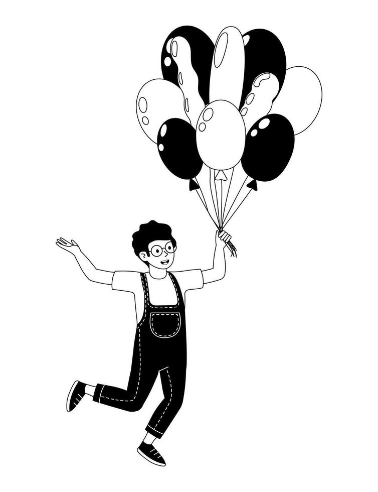 Boy joyfully holding colorful balloons while wearing overalls and glasses outdoors vector