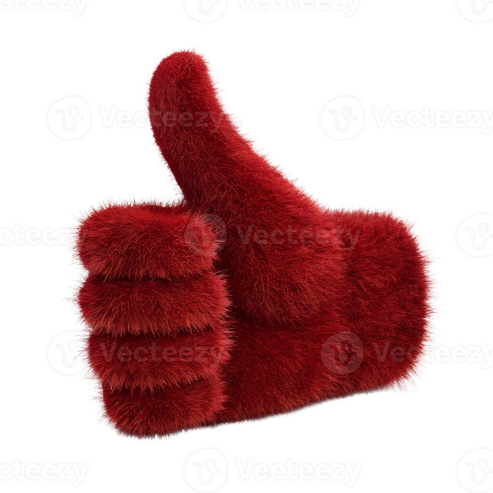 3D Vibrant Red Fluffy Thumbs Up Gesture with Fur Effect Isolated on White Background png