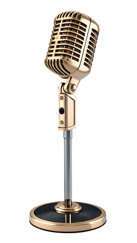 Golden Vintage Microphone on Stand With Classic Design on Transparent Background png