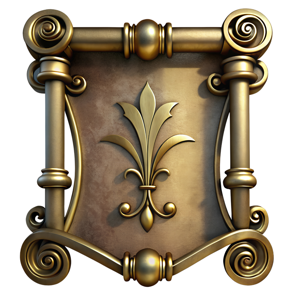 Ornate Bronze Shield with Intricate Scrollwork and Gilded Accents in Baroque Style png